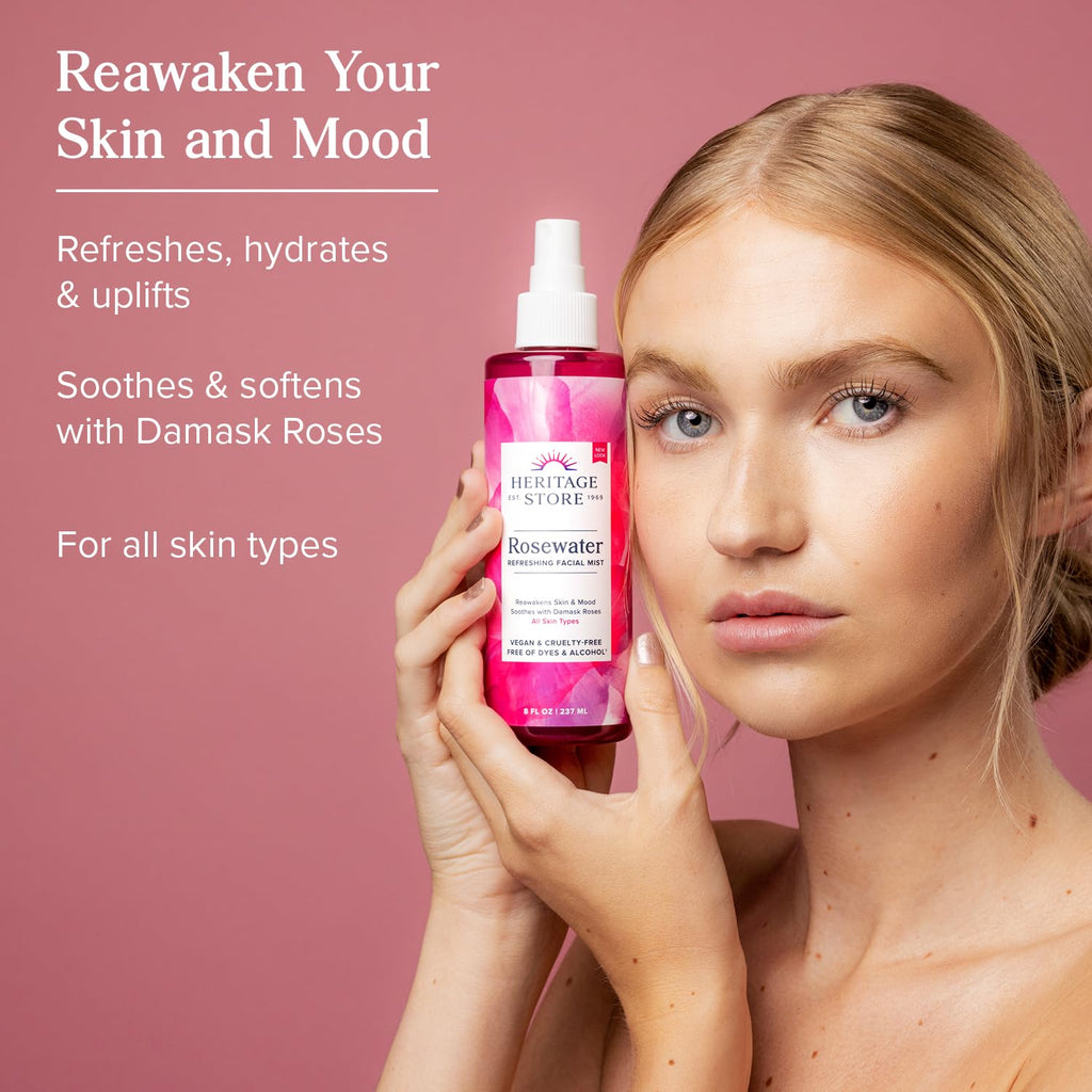 HERITAGE STORE Rosewater - Refreshing Face Mist with Damask Rose, All Skin Types - Hydrating Rose Water Spray for Glowing Skin Care - No Dyes or Alcohol, Hypoallergenic, Vegan, 60-Day Guarantee, 12oz