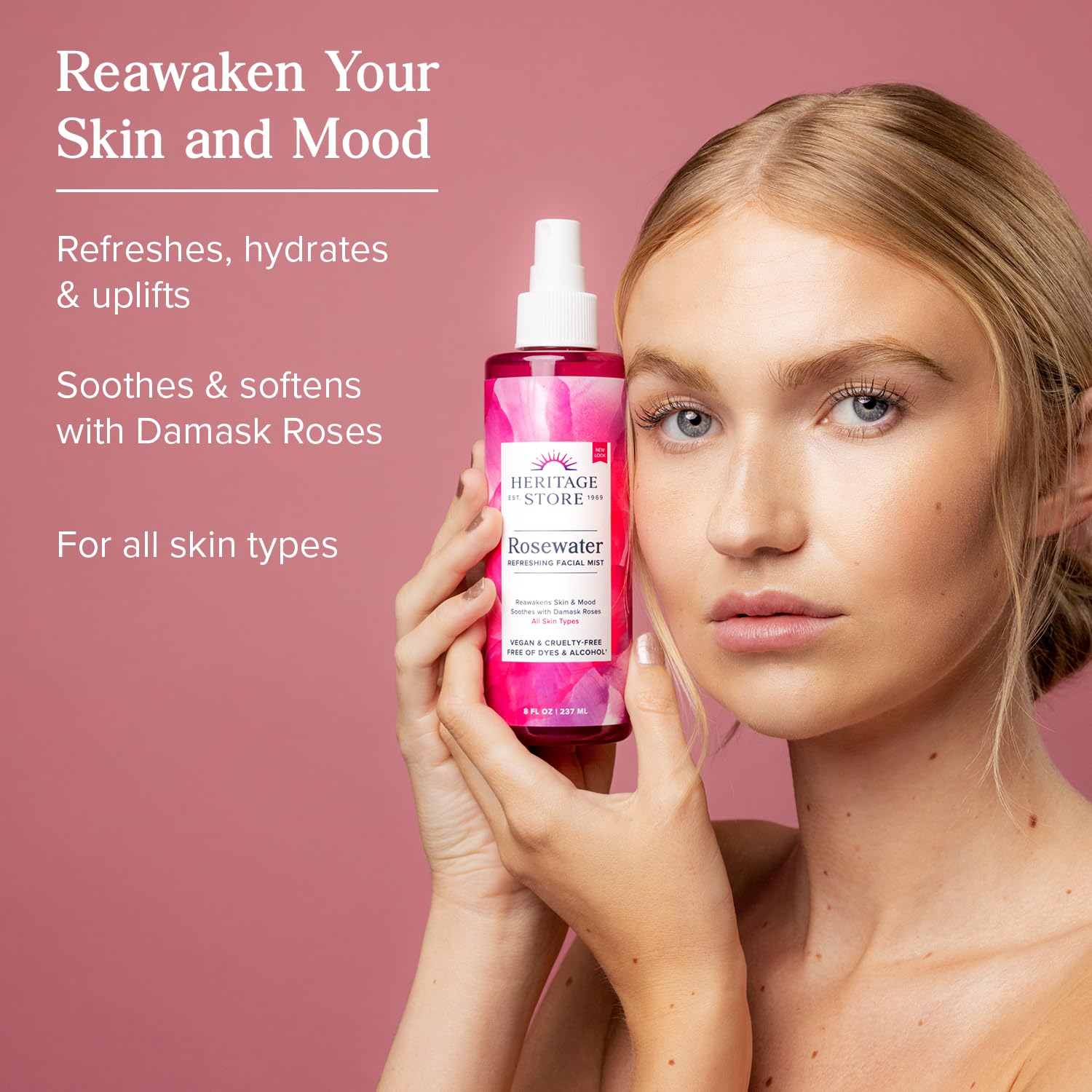 HERITAGE STORE Rosewater - Refreshing Face Mist with Damask Rose, All Skin Types - Hydrating Rose Water Spray for Glowing Skin Care - No Dyes or Alcohol, Hypoallergenic, Vegan, 60-Day Guarantee, 12oz