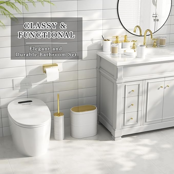 InnJoey Bathroom Set, 10PC Bathroom Accessory Set, White Bathroom Accessories, White and Gold Bathroom Set with Trash Can, Soap Dispensers
