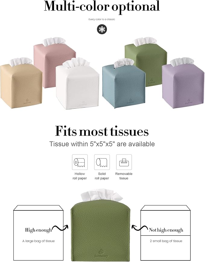 Tissue Box Cover, Jeethemy Square PU Leather Tissue Box Holder, Modern Tissue Case Facial Paper Organizer Dispenser，5X5X5'',Single Green