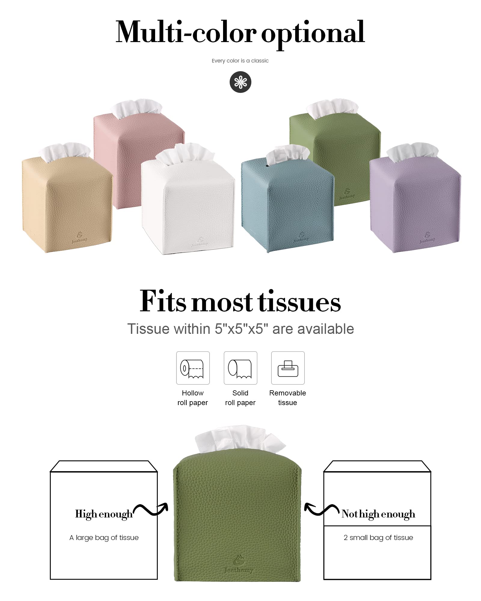Tissue Box Cover, Jeethemy Square PU Leather Tissue Box Holder, Modern Tissue Case Facial Paper Organizer Dispenser，5X5X5'',Single Green