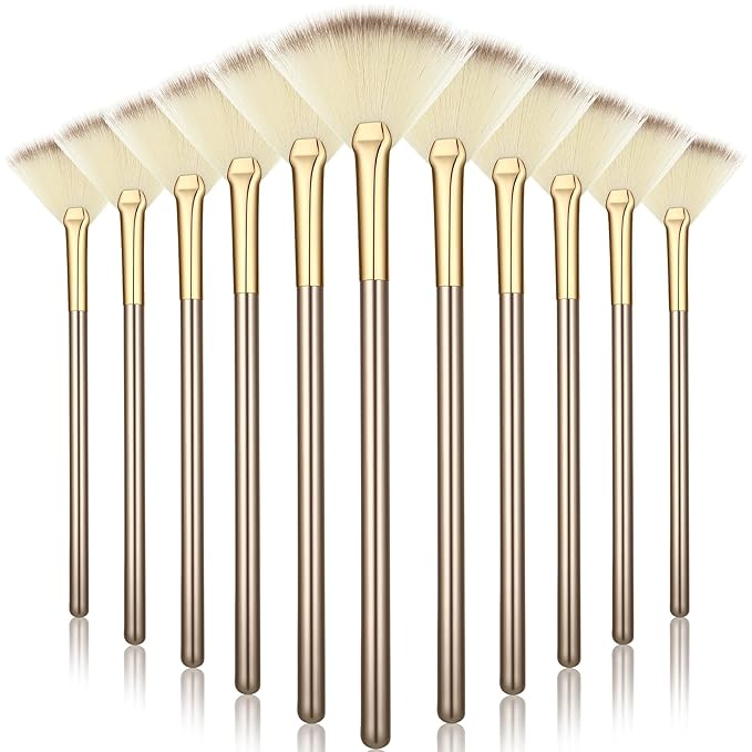 Ziliny 12 Pcs Soft Facial Fan Brush Blush Makeup Brush Face Mask Acid Applicator Multi Use Cosmetic Tools for Peel Mask Makeup for Mud Cream(Champagne)