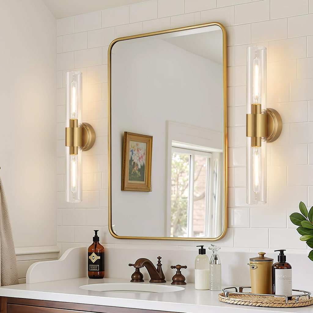 Meybiok Wall Sconces Set of Two, Brushed Gold Bathroom Sconces Wall Lighting with Clear Glass, Hardwired Modern Sconces Wall Decor Set of 2 for Bathroom Mirror Bedroom Living Room Hallway