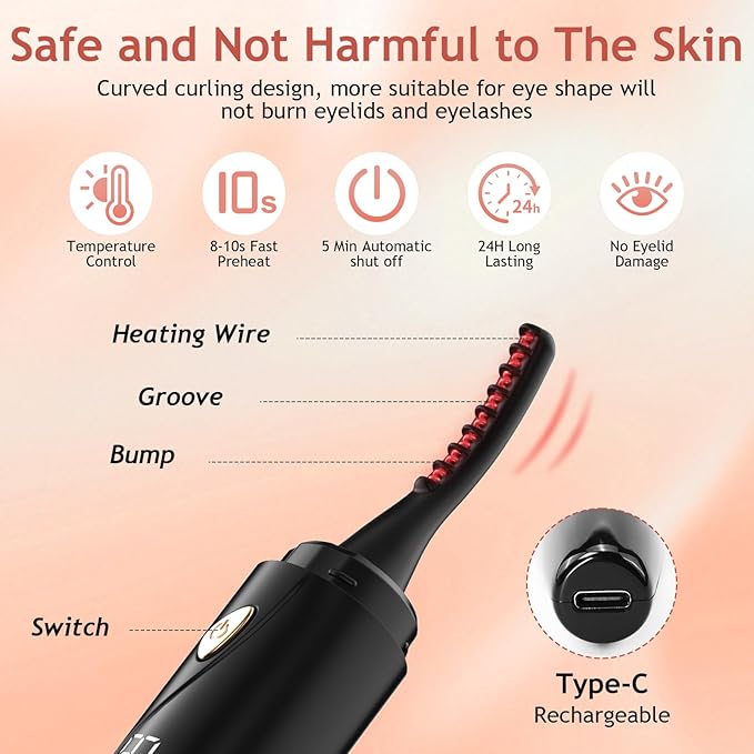 2026 Heated Eyelash Curlers,Rechargeable Electric Eyelash Curler with LED Display, Mini Lash Curler with 4 Heat Settings, Fast Heat up Within 10s,24H Long Lasting for Women Makeup Tools