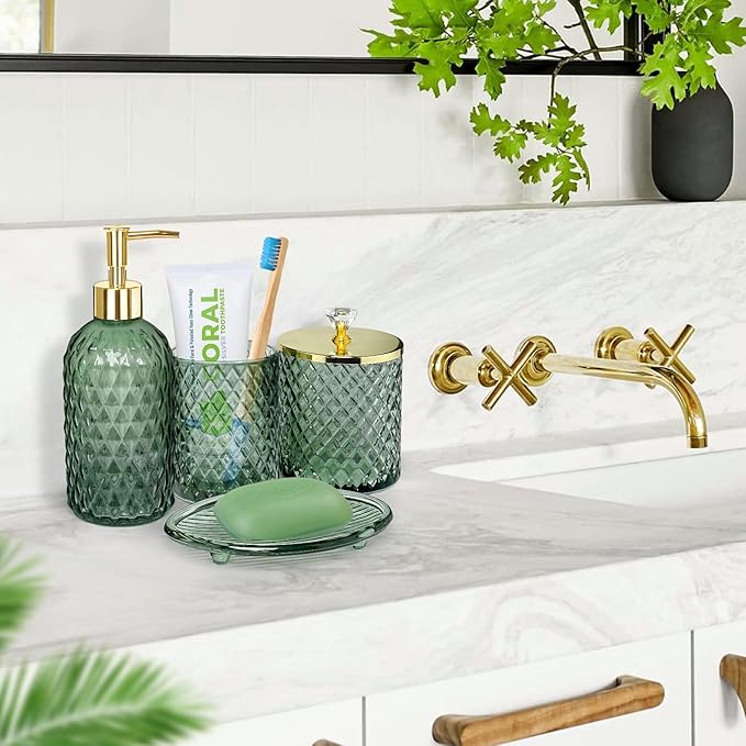 Haturi Bathroom Accessories Set, 4Pcs Sage Green Glass Bathroom Set Complete w/Bathroom Soap Dispenser Set, Toothbrush Holder, Qtip Holder, Soap Dish, Green Bathroom Decor, Gift for Home Apartment