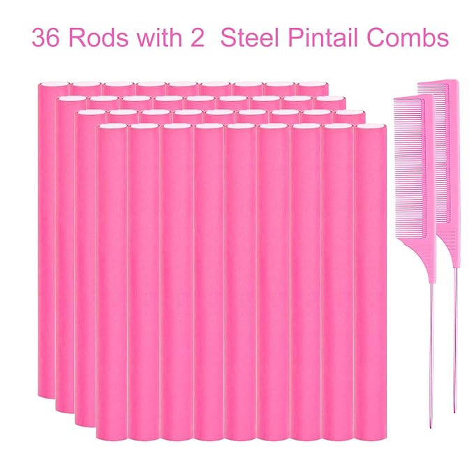 Jusbuya 38PCS Flexible Curling Rods, 9.45" FlexiRods for Natural Long Hair, No Heat Heatless Bendy Foam Hair Curlers, with 2 Steel Pintail Combs