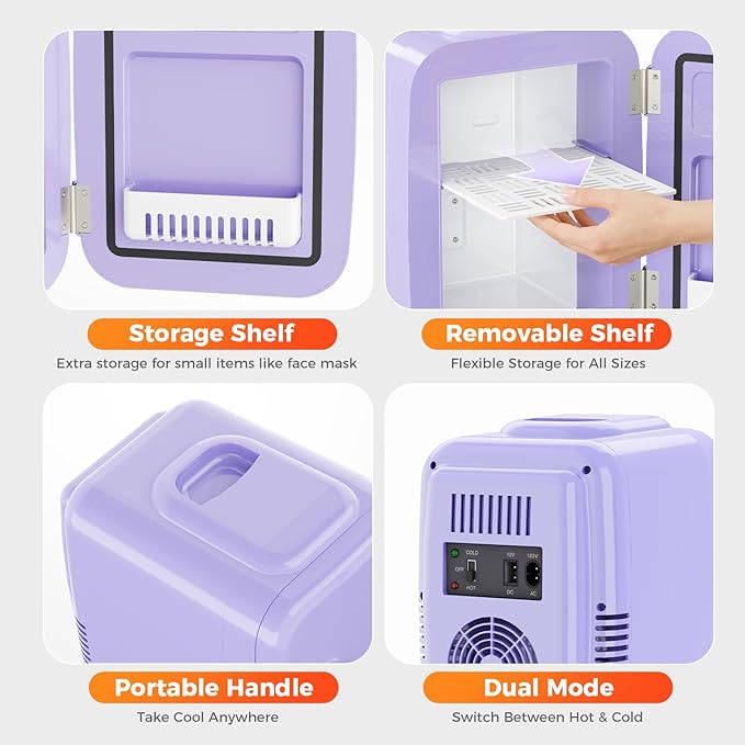 YASHE Mini Fridge, 4 Liter/6 Can Mini Makeup Fridge, 110V AC/ 12V DC Portable Thermoelectric Cooler&Warmer for Skincare, Drink, Cosmetic, Medicine, Small fridge for Bedroom, Office, Dorm, Car, Purple
