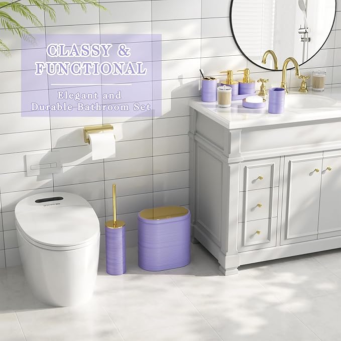 InnJoey Bathroom Set, 10PC Bathroom Accessory Set, Purple Bathroom Accessories, Purple and Gold Bathroom Set with Trash Can, Soap Dispensers