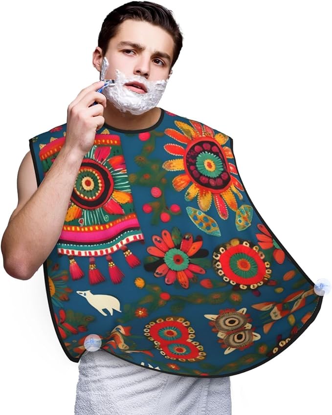 Mexican Folk Art Boho Print Beard Bib Apron For Men, Beard Hair Catcher For Men Shaving Trimming,Beard Cape Cloth