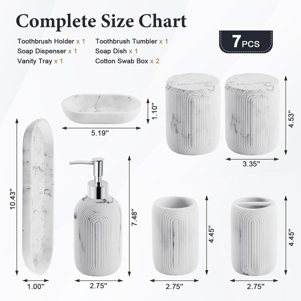 Bathroom Accessories Set - 7-Piece Resin Bathroom Set, Toothbrush Holders Set, Soap Dispenser, Qtip Holder Dispenser, Tumbler, Soap Dish & Tray, Modern Bath Decor for Home Dorm Hotel (Marble White)
