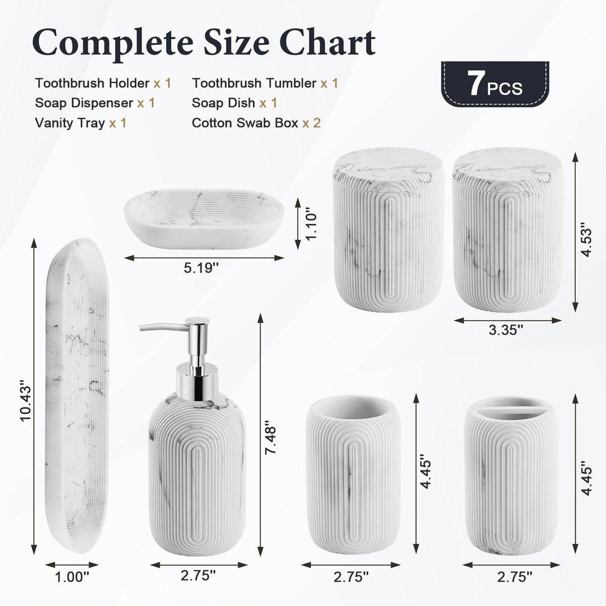 Bathroom Accessories Set - 7-Piece Resin Bathroom Set, Toothbrush Holders Set, Soap Dispenser, Qtip Holder Dispenser, Tumbler, Soap Dish & Tray, Modern Bath Decor for Home Dorm Hotel (Marble White)
