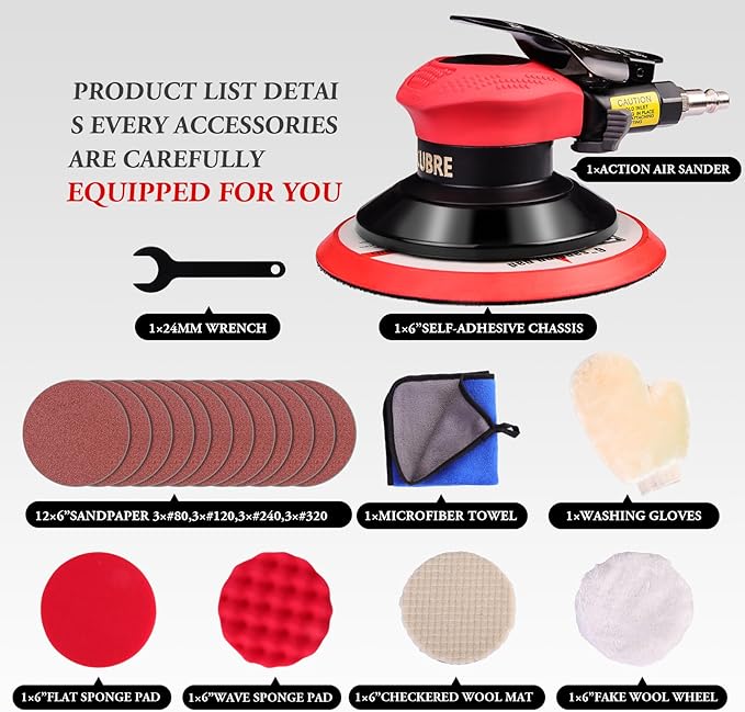 Rycubre pneumatic Air Sander 5/6 Inch DA Palm Sander for auto body, High Speed Random Orbital Sander for Woodworking & Auto Polishing (6 Inch)