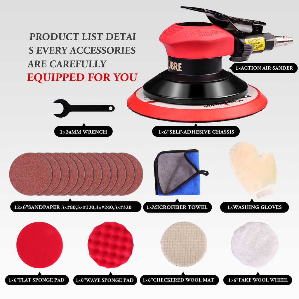 Rycubre pneumatic Air Sander 5/6 Inch DA Palm Sander for auto body, High Speed Random Orbital Sander for Woodworking & Auto Polishing (6 Inch)