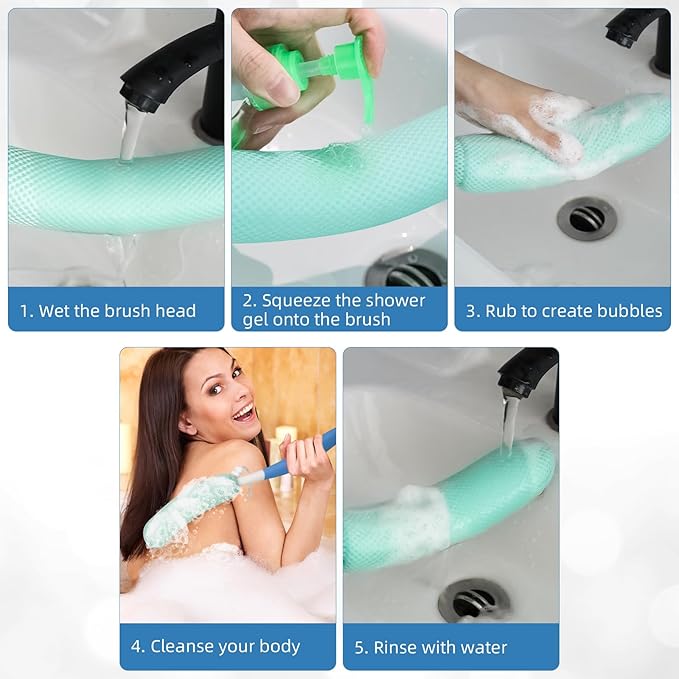 KkaFFeKkaFFe Shower Back Brush With Long Handle, 15.35" Body Brush, Back Scrubber for Men Women, Handled Sponge Body Exfoliator, Loofah Scrubber for Aid Bathing