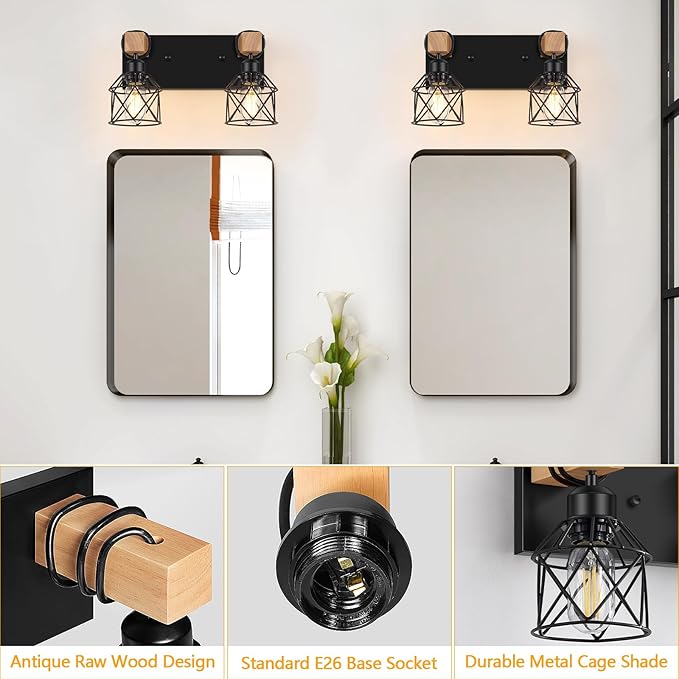 FadimiKoo 2-Light Bathroom Light Fixtures, Farmhouse Wood Vanity Wall Light