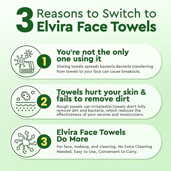 Elvira 100 Count Disposable Face Towels, Biodegradable Skincare Facial Cleansing Towels, Ultra Soft & Thick Makeup Remover Dry Wipes, Lint-Free & Vegan for Sensitive Skin, Travel Essential