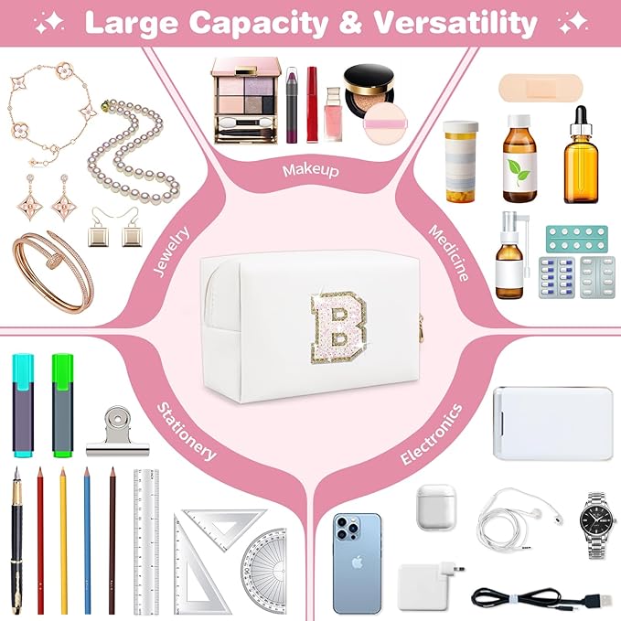 Small Initial Patch Makeup Bag Personalized Gifts Make Up Bag,White Cute PU Leather Glitter Letter Cosmetic Bag with Zipper,Trendy Portable Travel Toiletry Pouch,Preppy Stuff for Teen Girls Women B