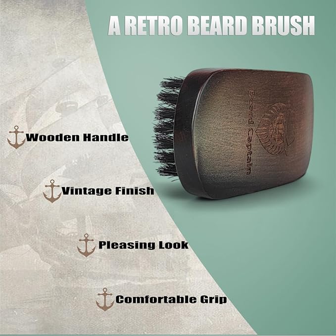 Beard Captain 100% Boar Bristle Beard Brush for Men | Premium Vintage Wooden Handle | Soft Bristles | Grooming Tool for Short, Thin, Thick, Coarse & Full Beards