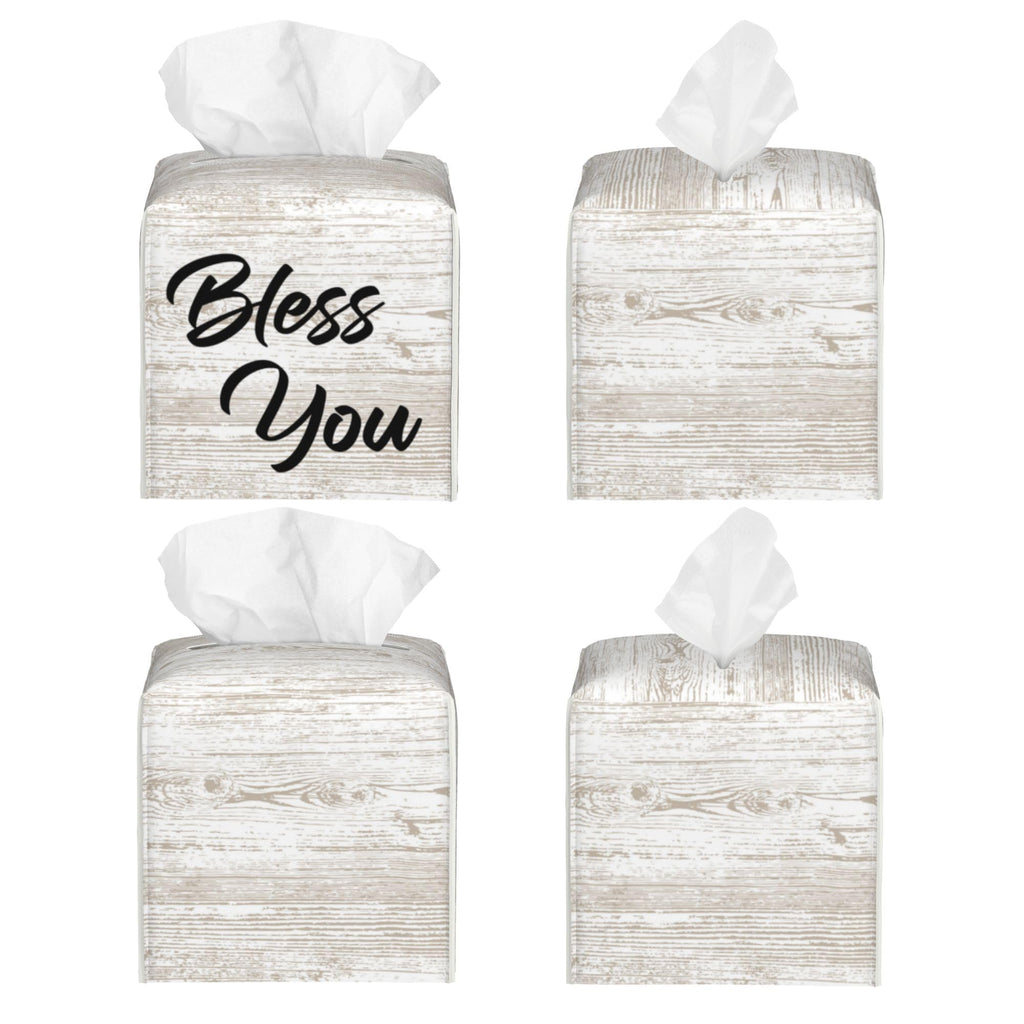 Bless You Tissue Box Cover Square, Wooden Board Texture Tissue Box Holder Waterproof Leather Facial Paper Organizer Dispenser for Bathroom Home Car Nightstand Vanity Desk