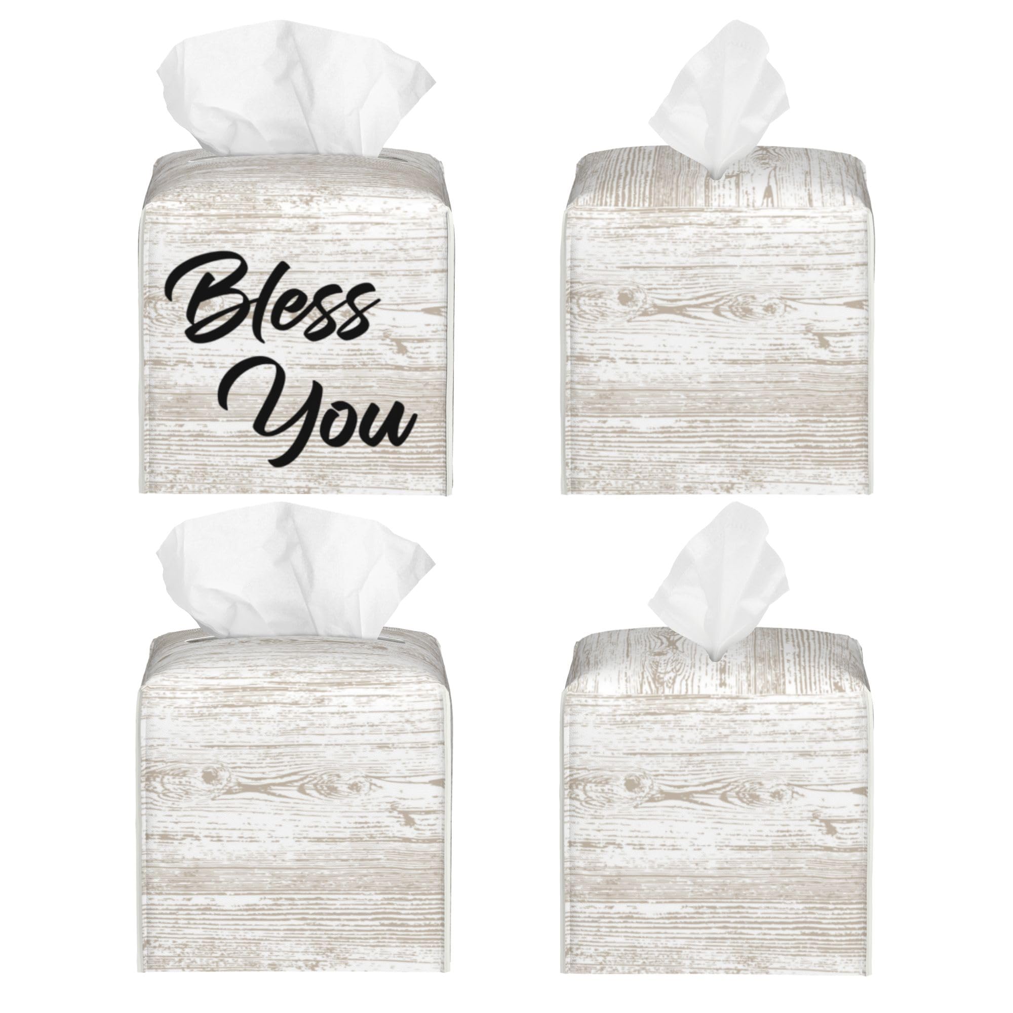 Bless You Tissue Box Cover Square, Wooden Board Texture Tissue Box Holder Waterproof Leather Facial Paper Organizer Dispenser for Bathroom Home Car Nightstand Vanity Desk