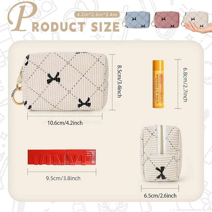 Playexen Mini Makeup Bag, Corduroy Small Cosmetic Bag for Purse, B-DPink
