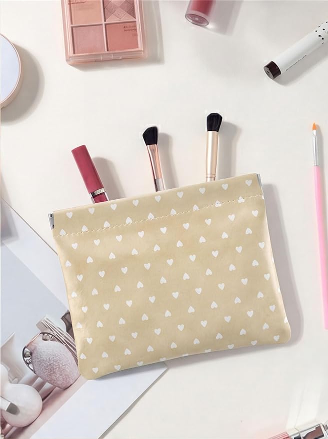 Ksriylm Hearts Leather Makeup Pouch Set for Women Small Make Up Bag for Purse Waterproof Initial Makeup Cosmetic Bags Pouches for Purse Aesthetic Travel Toiletry Bag,Light Brown