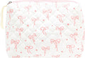 Quilted Makeup Bag Large Travel Zipper Soft Cosmetic Pouch for Women Girls Make Up,Bow Pink