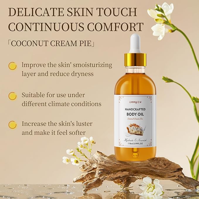 Gaayou Coconut Cream Pie Body Oil Handcrafted Body Oil Moisturizing Coconut Oil Soothing Comfort Scented Juicy Body Oils for All Skin Types