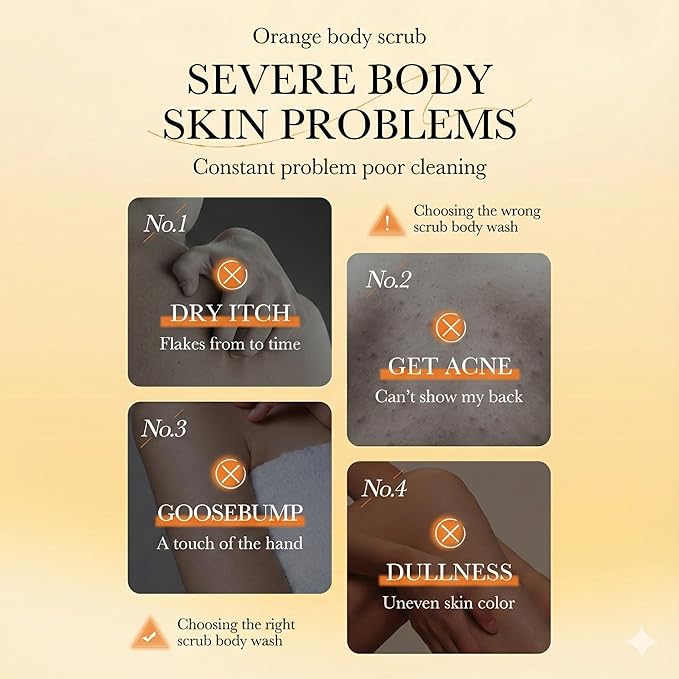 Wayfengli Orange Exfoliating Body Wash - [300ml] Vitamin C Brightening Shower Gel with Natural Scrub - Citrus Scented Mild Body Scrub for Glowing Skin & Roughness - Refreshing Daily Cleanser