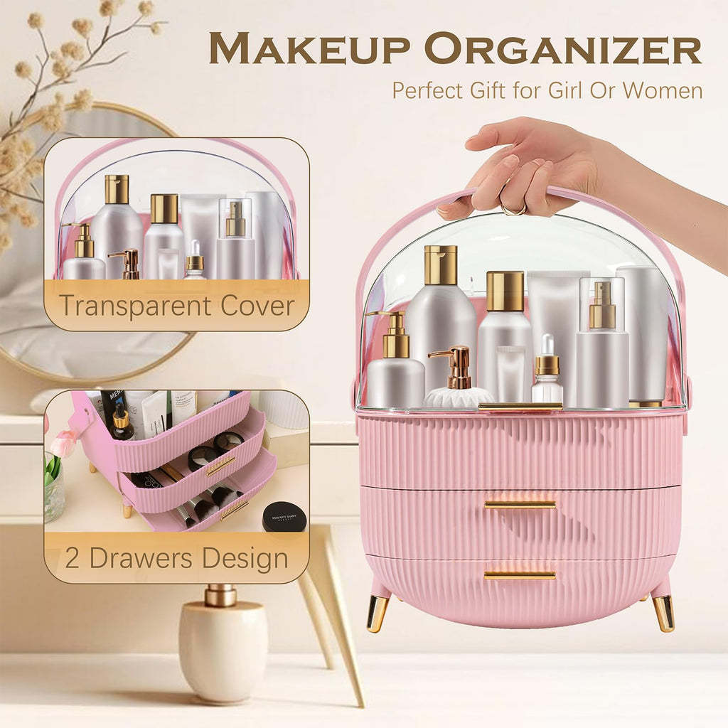 lurcns Vanity Organizer with Lid and Drawers, Beauty Skin Care Storage for Countertop, Birthday Gift for Teen Girls, 10 11 12 13 14 15 16 17 18 Year Old Girl Gifts, Pink Makeup Holder for Dresser