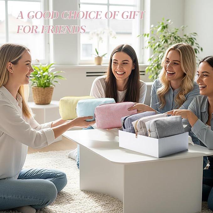 Sanwuta 12 Pcs Seersucker Cosmetic Bags Bulk Seersucker Makeup Bags Stripe Women Pouch Large Preppy Storage Pouch Toiletry Travel for Wedding Bridesmaid Bride Favor Back to Teacher Gift (Neutral)