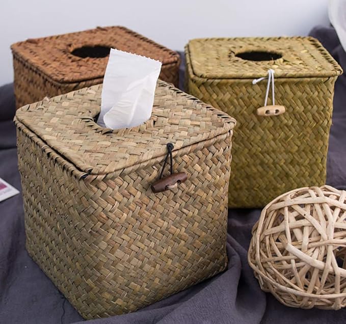Yesland 2 Pack Square Seagrass Facial Tissue Box - Decorative Woven Paper Holder Napkin Dispense - 5 x 5 x 5 Inches Rattan Tissue Box Cover