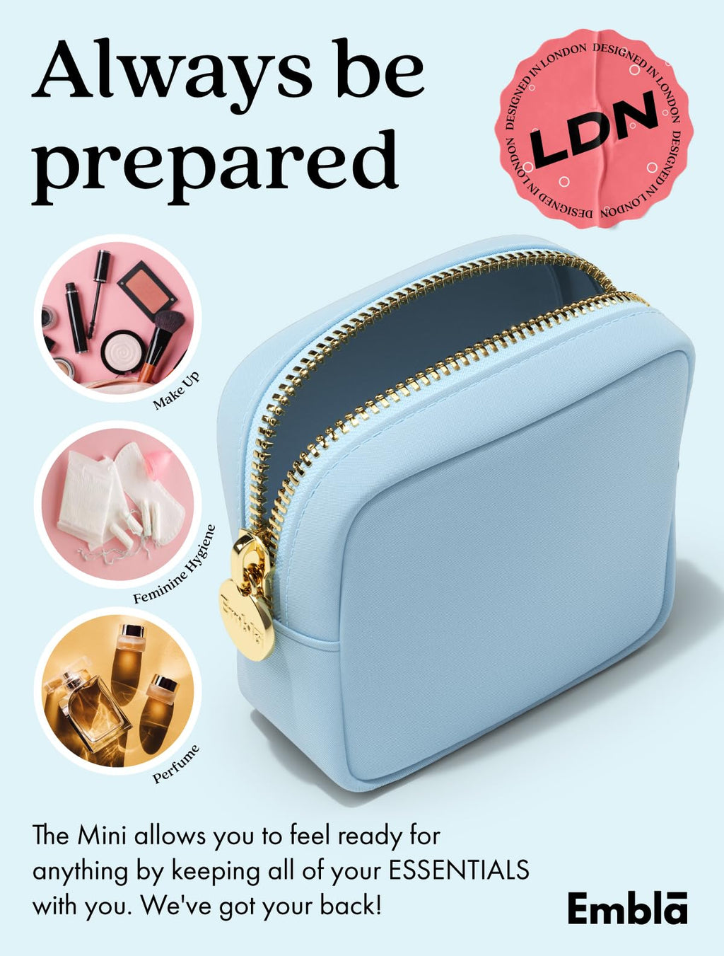 Embla Small Makeup Bag for Purse, Mini Waterproof Nylon Cosmetic Pouch, Durable and Lightweight Travel Toiletry Bag with Smooth Zipper, Blue