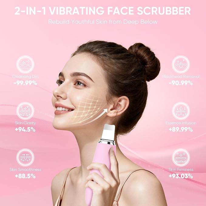 Stepcare Silicone Face Scrubber Blackhead Scraper Rechargeable 2-in-1 Facial Cleansing Brush & Skin Spatula Duo, IPX7 Waterproof Exfoliating Massager Deep Cleansing for Women and Men(Light Pink)