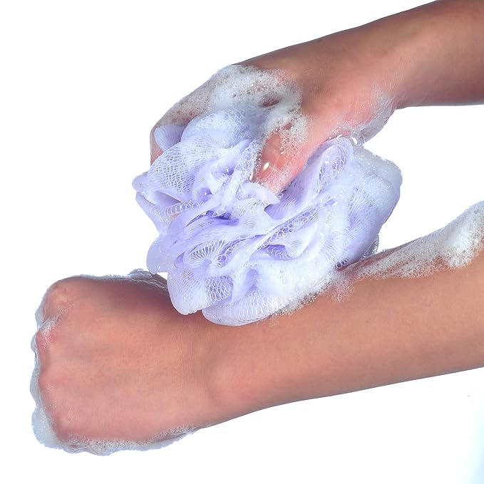 iboodi 60g/pcs Multi-Color Mesh Bath Sponge Shower Pouf Loofahs Shower Puff Pack of 4 (White,Pink,Purple and Blue)