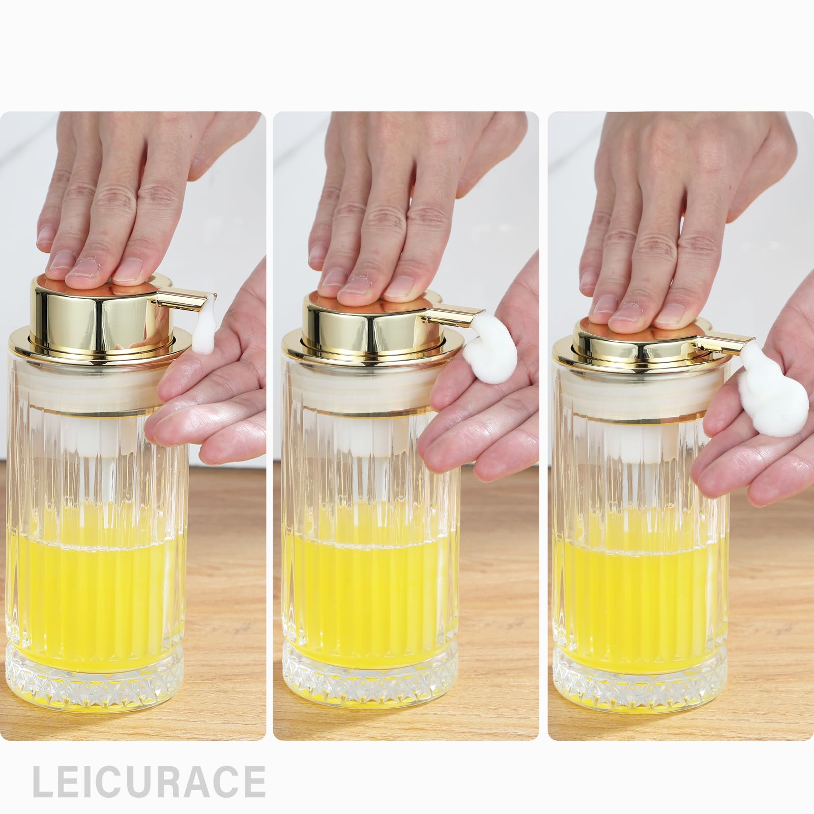 LEICURACE Glass Foam Soap Dispenser, Refillable Faming Dispenser with Gold Pump, Foam Hand Soap Dispenser for Bathroom Kitchen, Home Decor （Foam Type/Gold）