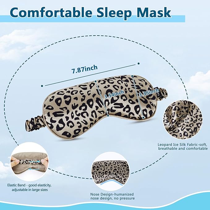 Cavoilu Sleep mask w/Cooling Gel Eye Mask, Heated Eye Mask for Sleeping, Reusable Ice Silk Stain Eye Cover Sleeping Mask for Travel, Home, Office, Yoga, Total Blackout, Stocking Stuffers (Leopard)