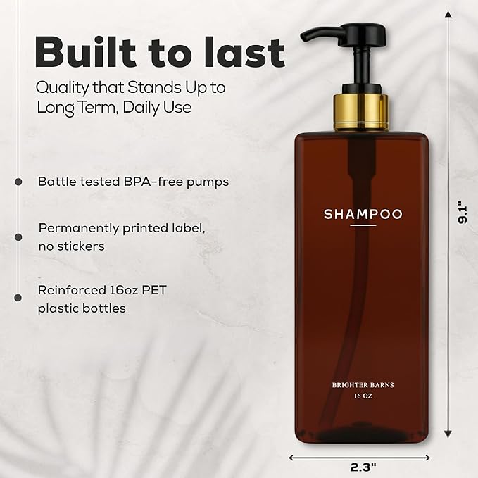 Amber Shampoo and Conditioner Dispenser Set by Brighter Barns - Empty Body Wash Bottle with Pump - Refillable Shampoo Dispenser for Shower, Guest Bathroom, Spa, Airbnb Decor, Housewarming Gift (Amber)