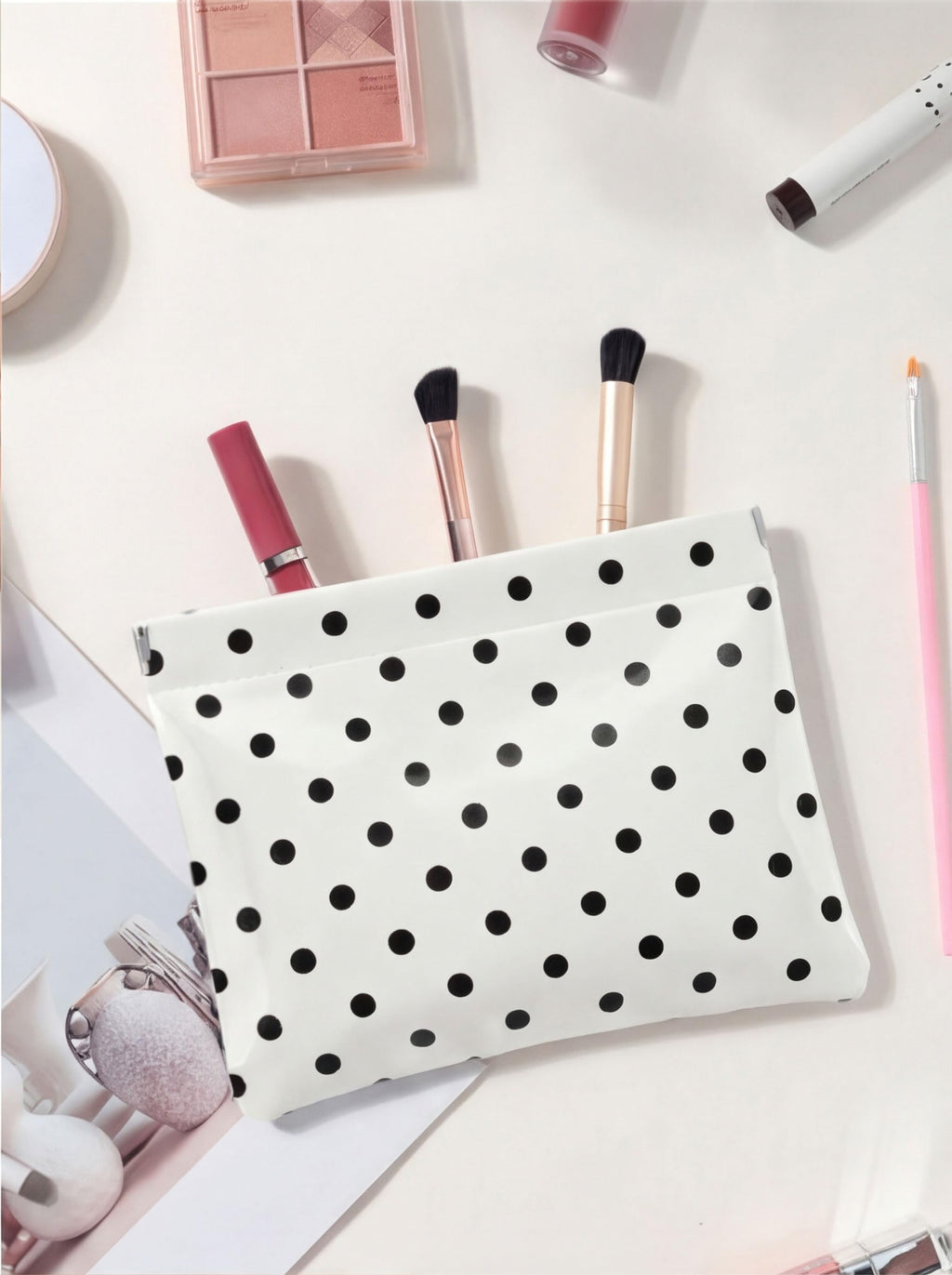 Ksriylm Dots Leather Makeup Pouch Set for Women Small Make Up Bag for Purse Waterproof Initial Makeup Cosmetic Bags Pouches for Purse Aesthetic Travel Toiletry Bag,White Black