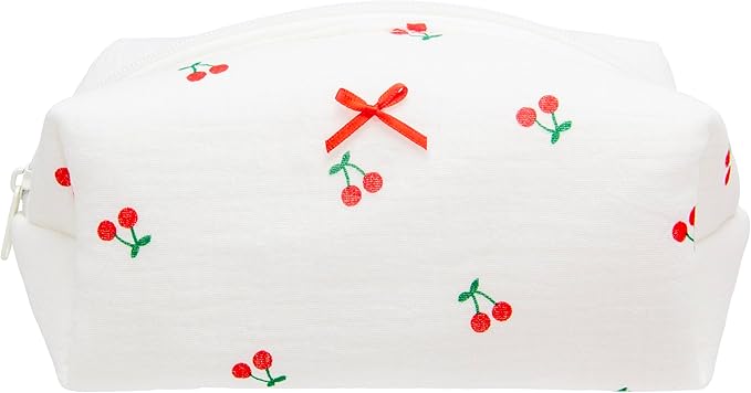 PAZIMIIK Cozy Makeup Bag for Women,Zipper Cosmetic Pouch,Gauze Cherry