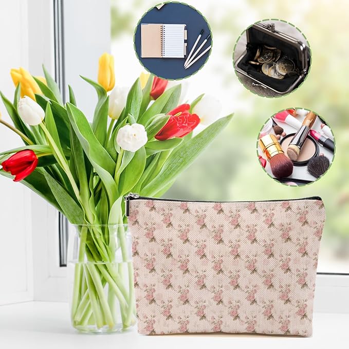 4pcs Pink Vintage Roses Floral Makeup Bag, Rose Gifts for Women Girl Sister
