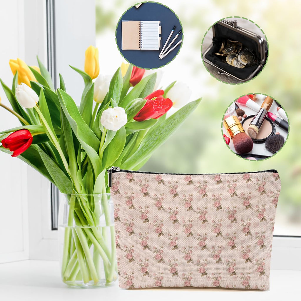 4pcs Pink Vintage Roses Floral Makeup Bag, Rose Gifts for Women Girl Sister