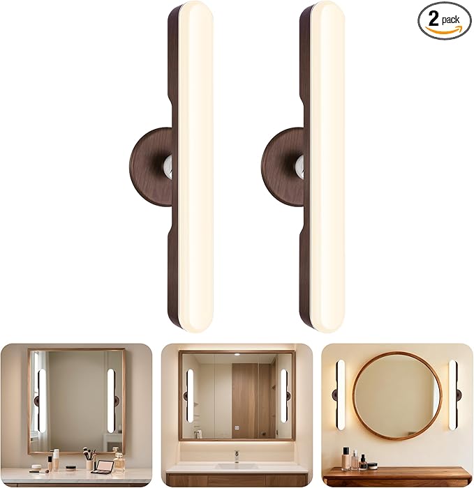 cambk Set of 2 Wireless Vanity Makeup Lights for Mirror, Rechargeable LED Stick On Light Bar for Bathroom Mirror with Dimmable 3 CCT, Long Battery Life Cordless Light for Vanity Desk(Dark Brown)