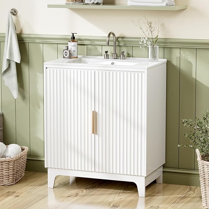 VINGLI 30 Inch Bathroom Vanity with Sink, Modern White Freestanding Cabinet with Ceramic Top, Fluted Soft-Close Doors & Gold Handles, U-Shape Storage for Small Bathroom