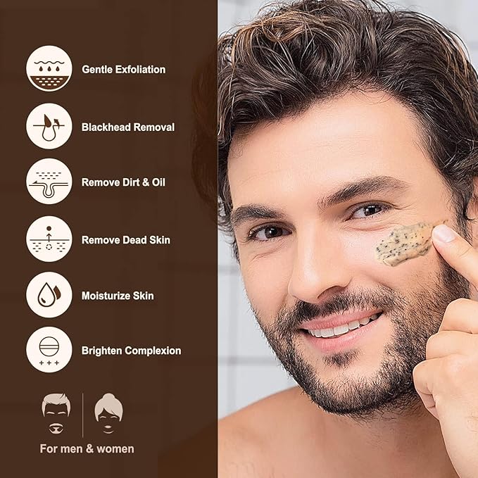 JVR Face Scrub for Men, Facial Scrub for Deep Exfoliating, Cleansing Blackheads, Ingrown Hair, Pre-shave Soften, Organic Formulated with Coffee Extract, AHA and BHA Face Exfoliator (4.23 oz)