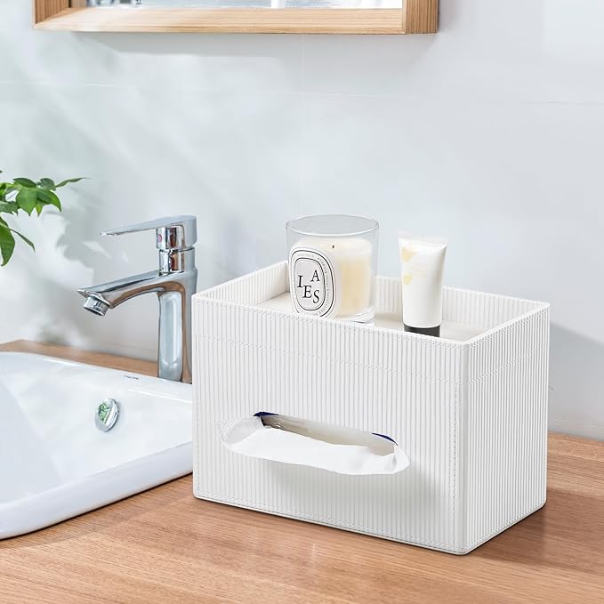 Tissue Box Cover Rectangle with Storage Tray, PU Leather Tissue Holder for Bathroom Vanity Countertop Night Stands Bedroom Office Desk, Stylish Rectangular Tissue Box Holder (Ivory)