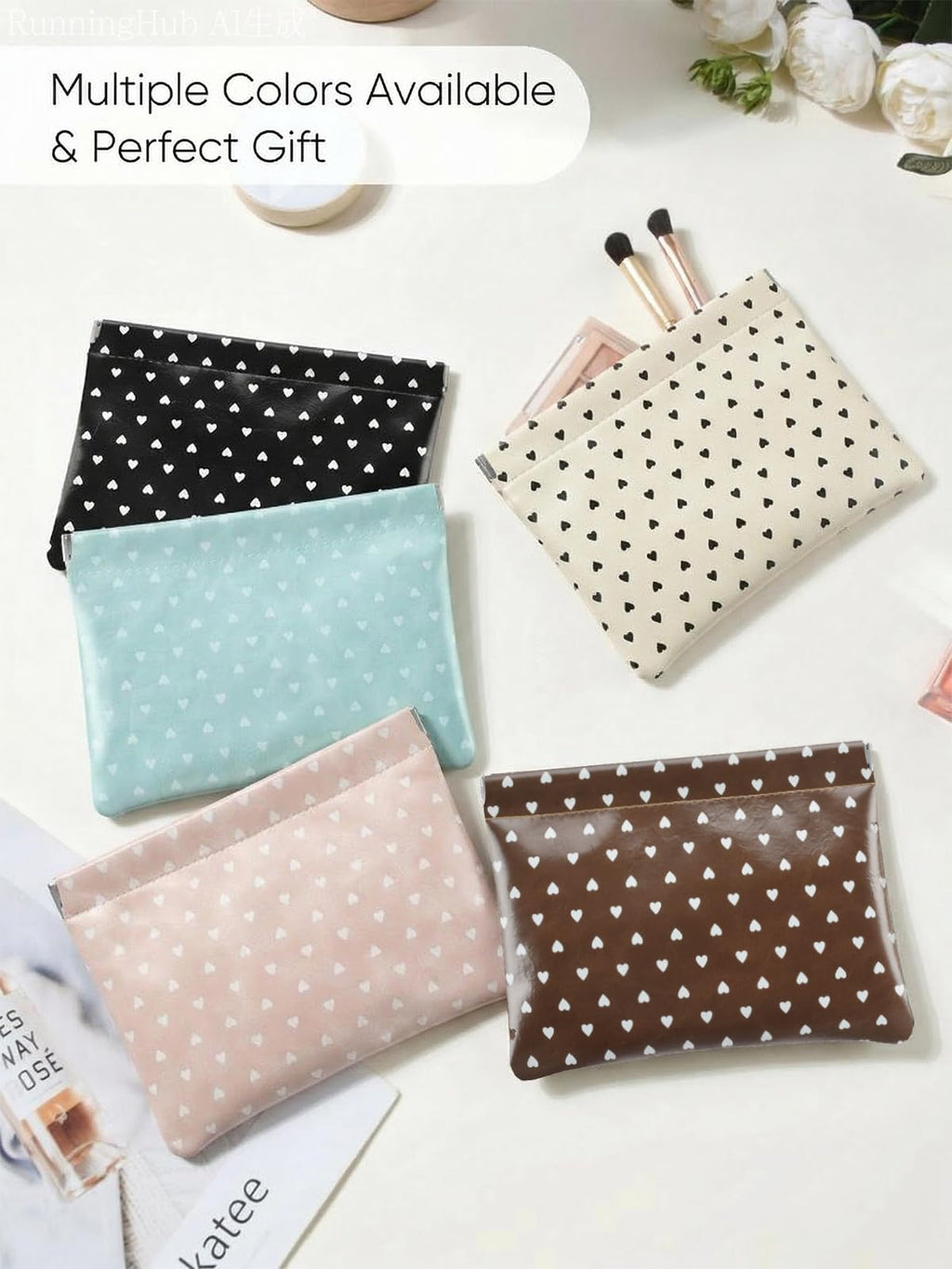 Ksriylm Hearts Leather Makeup Pouch Set for Women Small Make Up Bag for Purse Waterproof Initial Makeup Cosmetic Bags Pouches for Purse Aesthetic Travel Toiletry Bag,Nude Pink