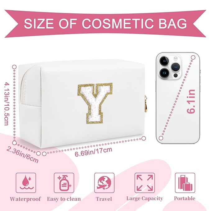 Small Personalized Initial A-Z Preppy Patch Makeup Bag,White PU Chenille Letter Travel Cosmetic Pouch with Zipper,Cute Toiletry Bag,Gift Ideal for Teen Girls Women Teacher Bridesmaid,Letter Y