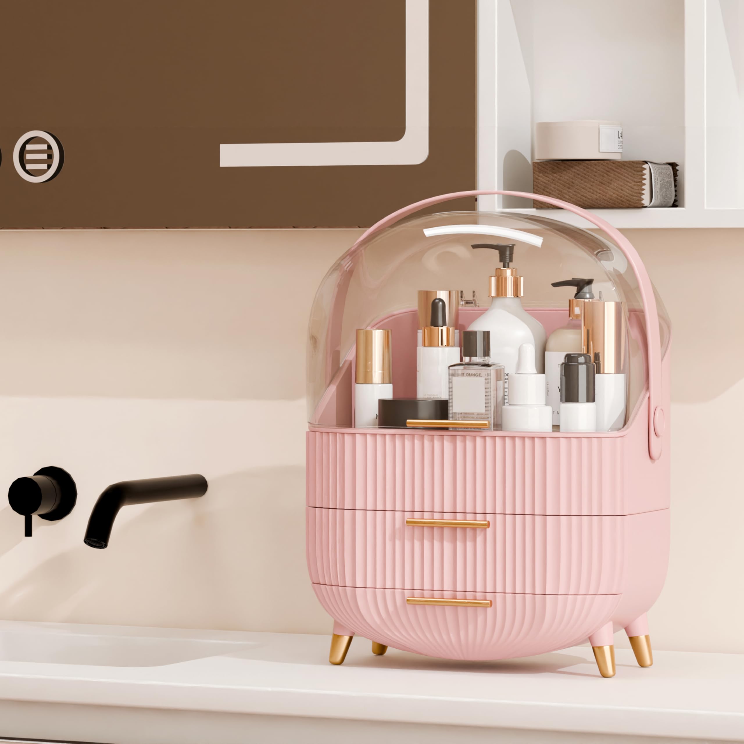 lurcns Vanity Organizer with Lid and Drawers, Beauty Skin Care Storage for Countertop, Birthday Gift for Teen Girls, 10 11 12 13 14 15 16 17 18 Year Old Girl Gifts, Pink Makeup Holder for Dresser