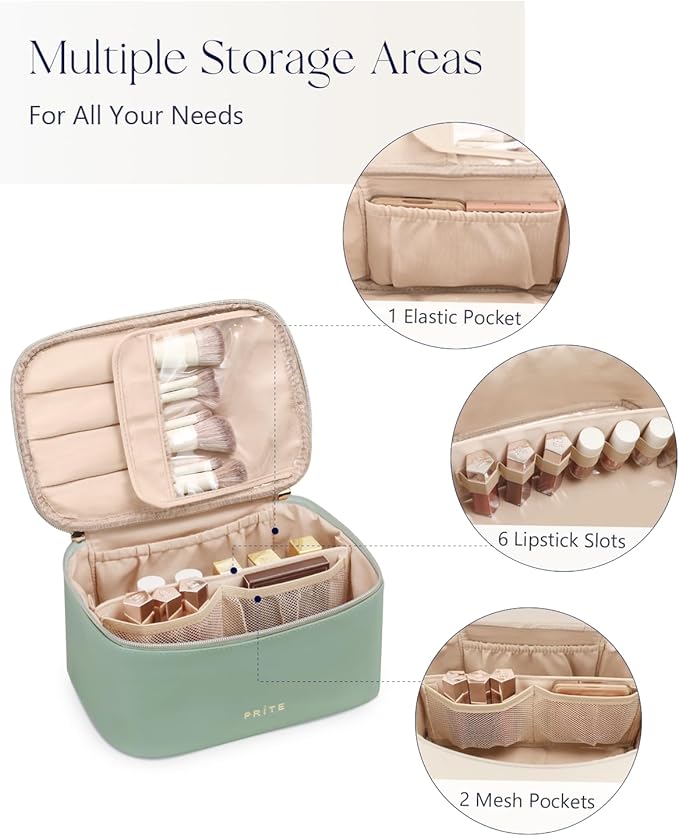 Prite Makeup Bag, Large Capacity Cosmetic Bag for Women and Girls, Waterproof PU Leather Travel Makeup Case, Toiletry Organizer with Handle and Divider for Skincare and Brushes - Green